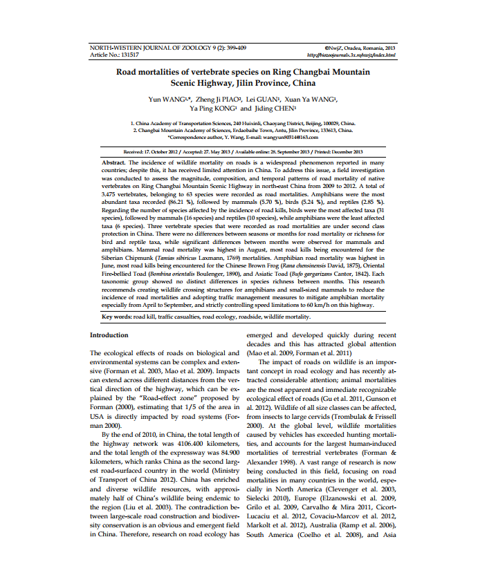 Road mortalities of vertebrate species on Ring Changbai Mountain Scenic Highway, Jilin Province, China 