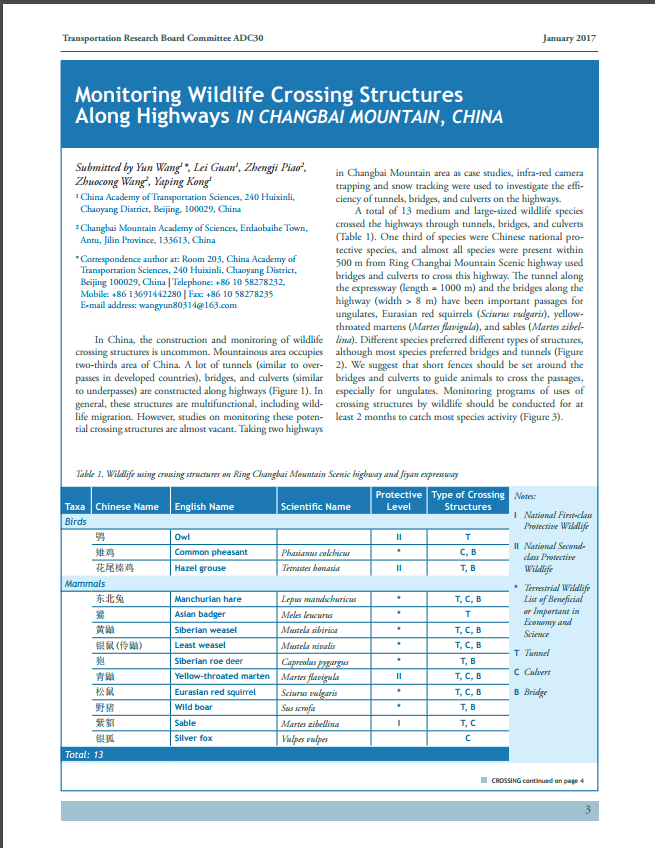 Monitoring Wildlife Crossing Structures Along Highways IN CHANGBAI MOUNTAIN, CHINA