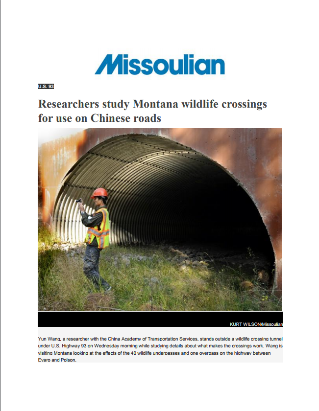 RESEARCHERS STUDY MONTANA WILDLIFE CROSSINGS FOR USE  ON CHINESE ROADS